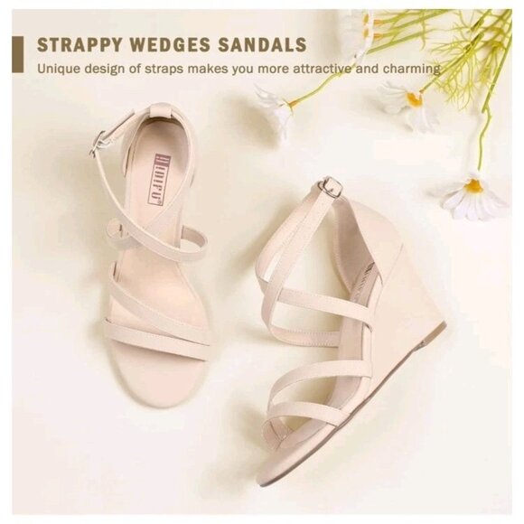IDIFU Women's 3 Inch Strappy Wedge Sandals Open Toe Dressy Wedges For Women Nude - Picture 6 of 6